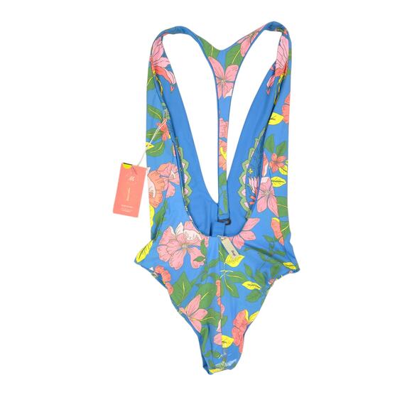 Maaji One Piece Swimsuit Maya Blue Tiki Plunge Reversible Floral Racerback - Picture 8 of 14